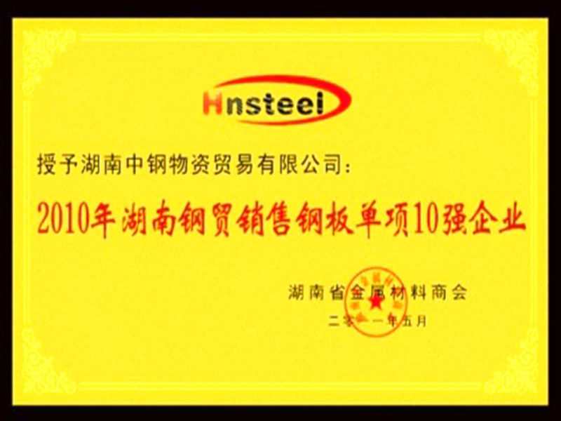 2010年湖南钢贸销售钢板单项10强企业